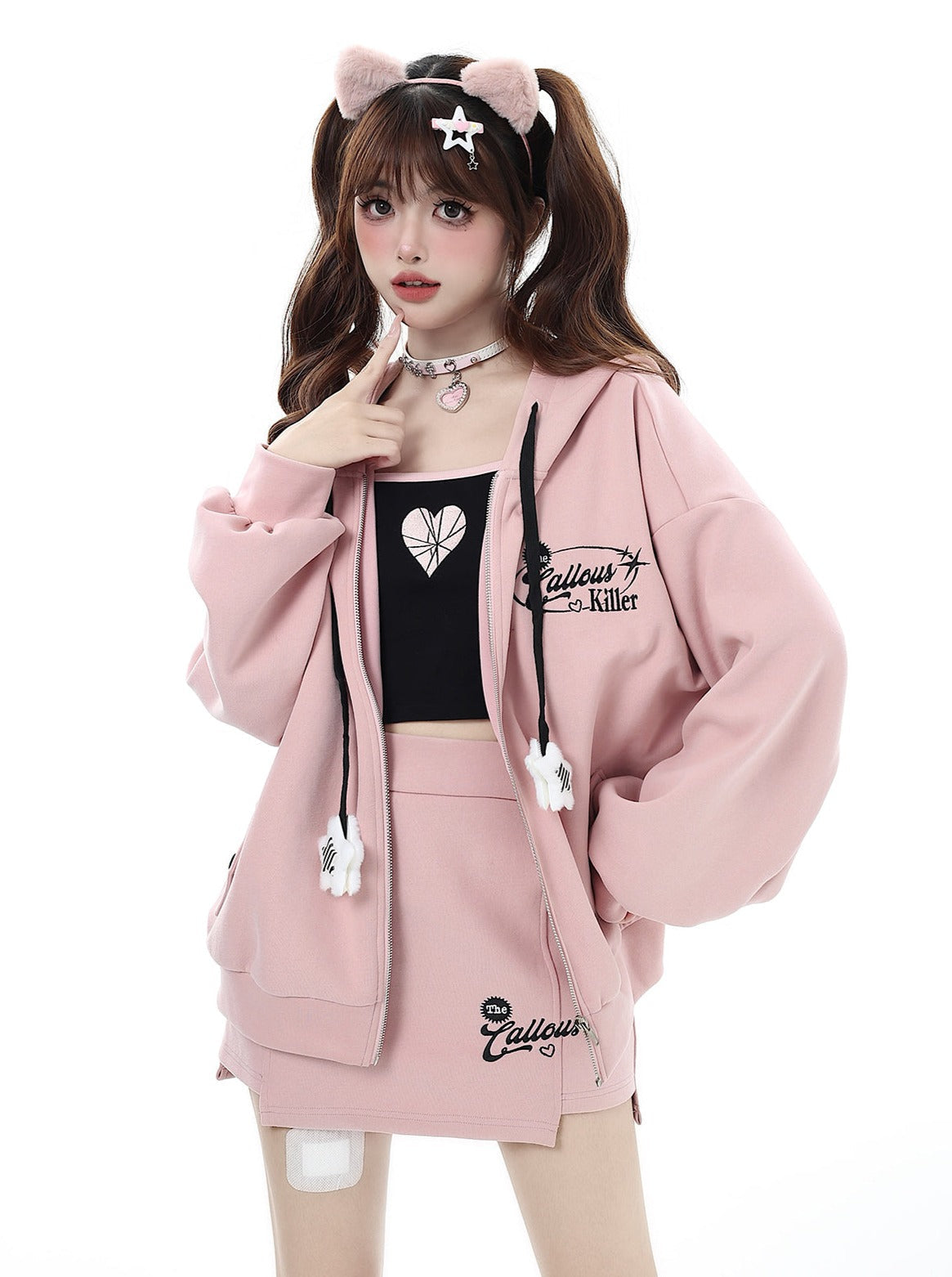 Small Hooded Zipper Hoodie + Tight Skirt