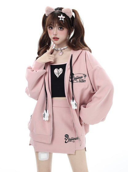 Small Hooded Zipper Hoodie + Tight Skirt