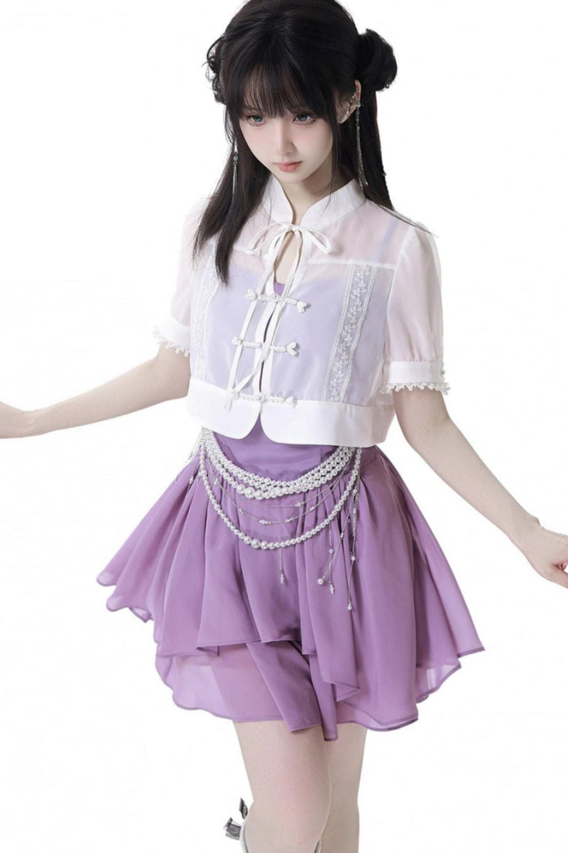 Light Smock Suspender Dress + Short Dress + China Design Sleeveless Top + Short Shirt + Pearl Accessories