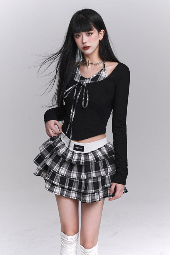 Plaid Top + Short Puff Skirt