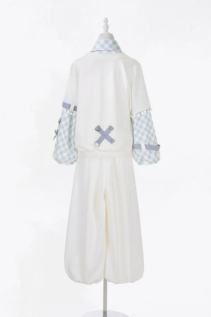 Digital Plaid Top + Wide Pants + Belt + Tie