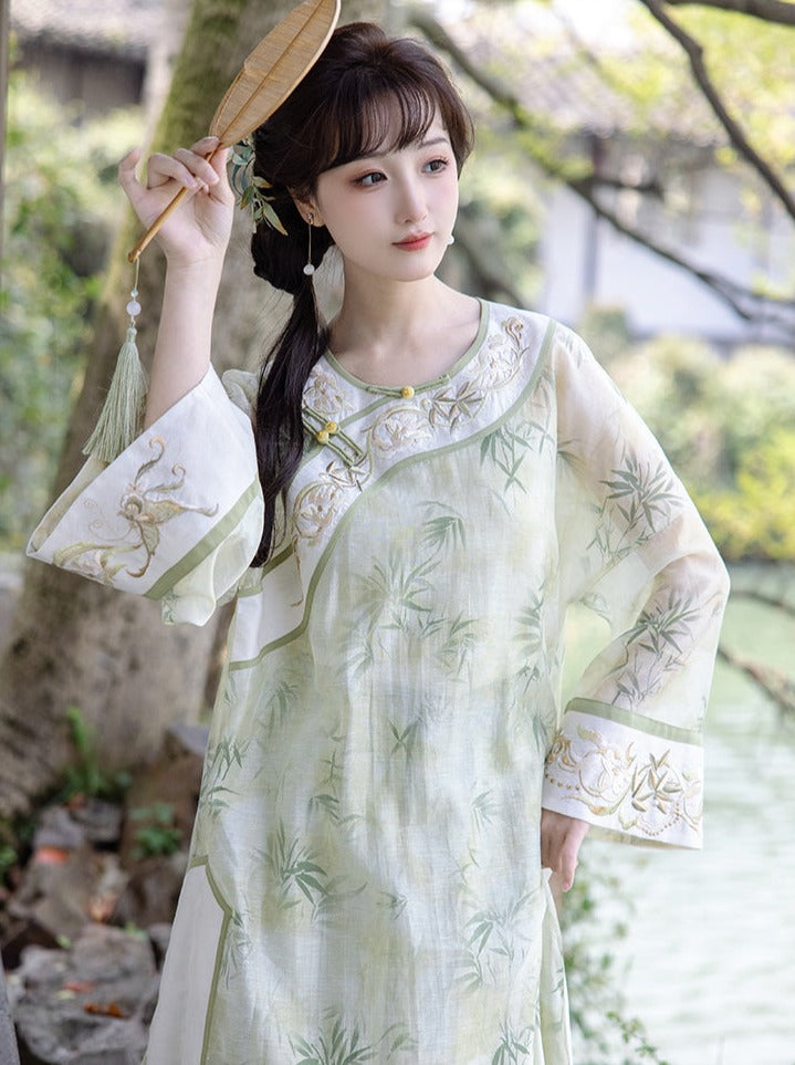 Summer Green Retro Chinese-style Top + Inner Camisole + Long Skirt