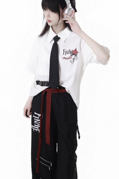 Contrast Shirt + Checkered Skirt + Black Skirt + Wide Pants + Tie