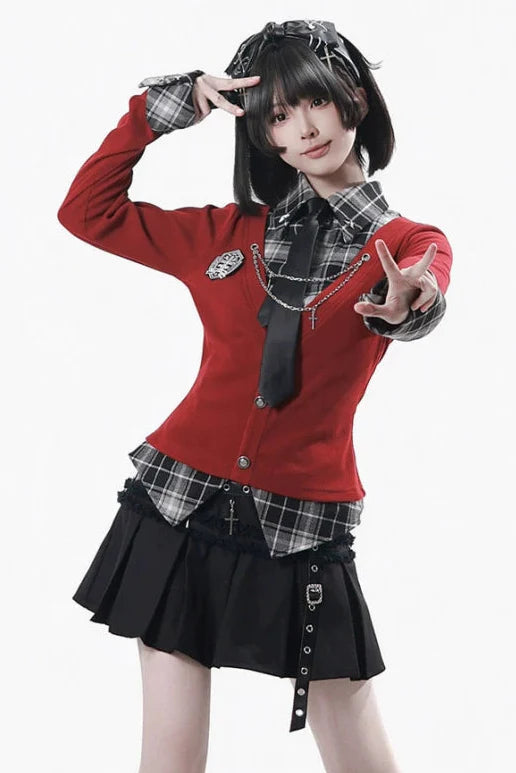 Checkered Top + Skirt + Tie