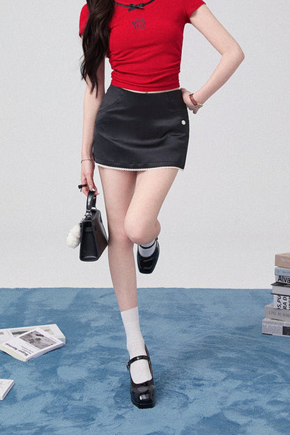 Color Cat Paw T-shirt + Short Skirt + Black Pleated Culottes