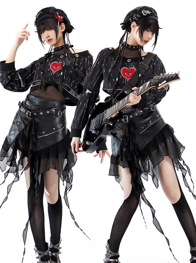 Punk Dark Heart Short Sweatshirt + Inner Top + Skirt + Hat + Necklace