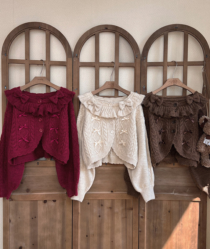 Ruffle Ribbon Lantern Sleeve Knit Cardigan