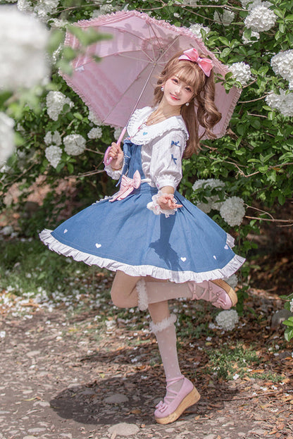 Light Raw Denim Lolita Jumper-skirt + Doll Innerwear + Apron