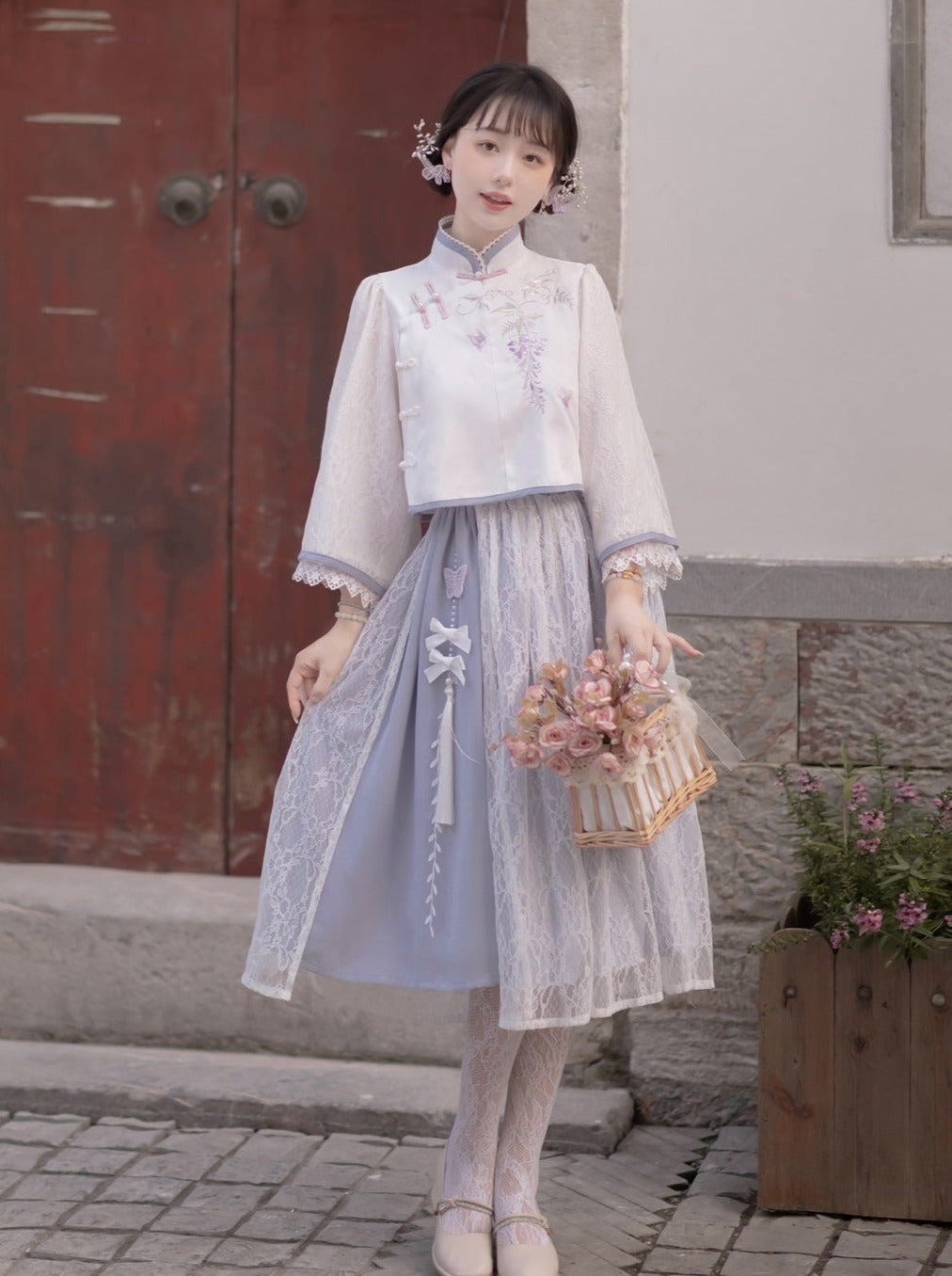 Chiffon Sweet Chinese-style Top + Skirt
