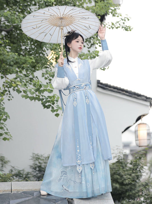 [pre-order] Light Blue Chinese-style Skirt + Tassel Long Vest + Chinese-style Blouse + Chinese-style Design Belt