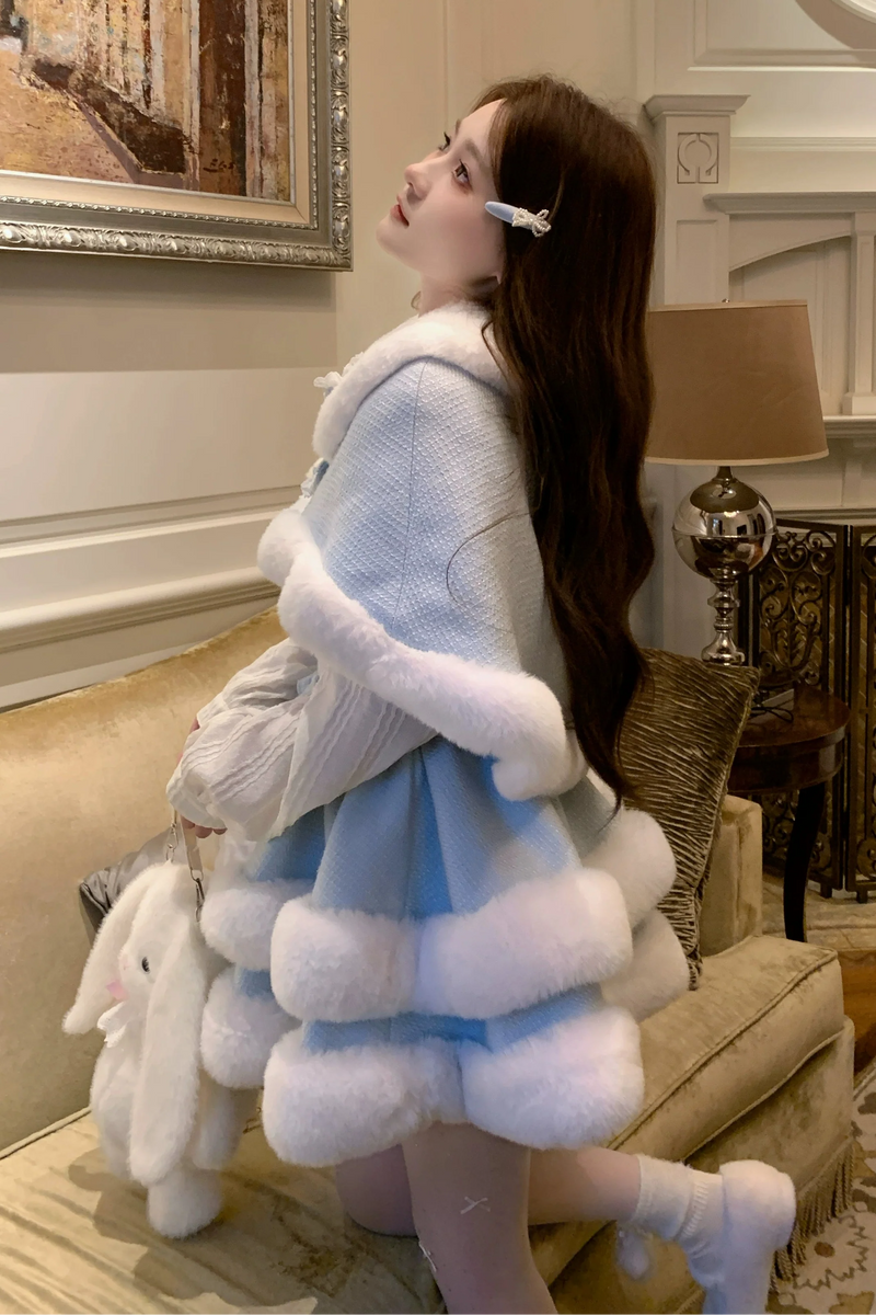 Light Blue Fur Collar Cape + Suspender Skirt + Shirt