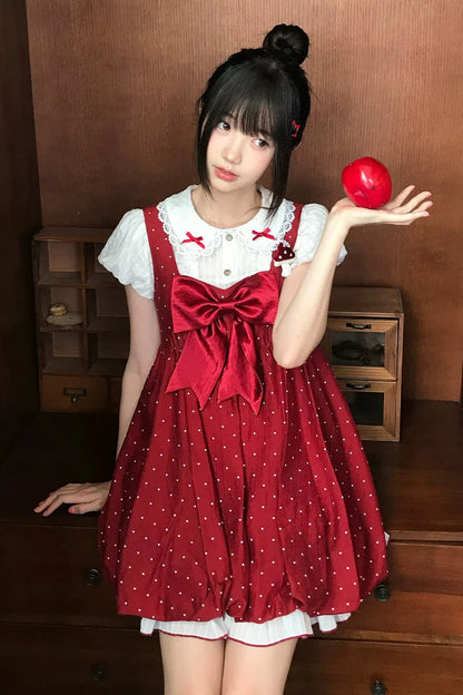 Ribbon Collar Top + Polka Dot Suspender Skirt