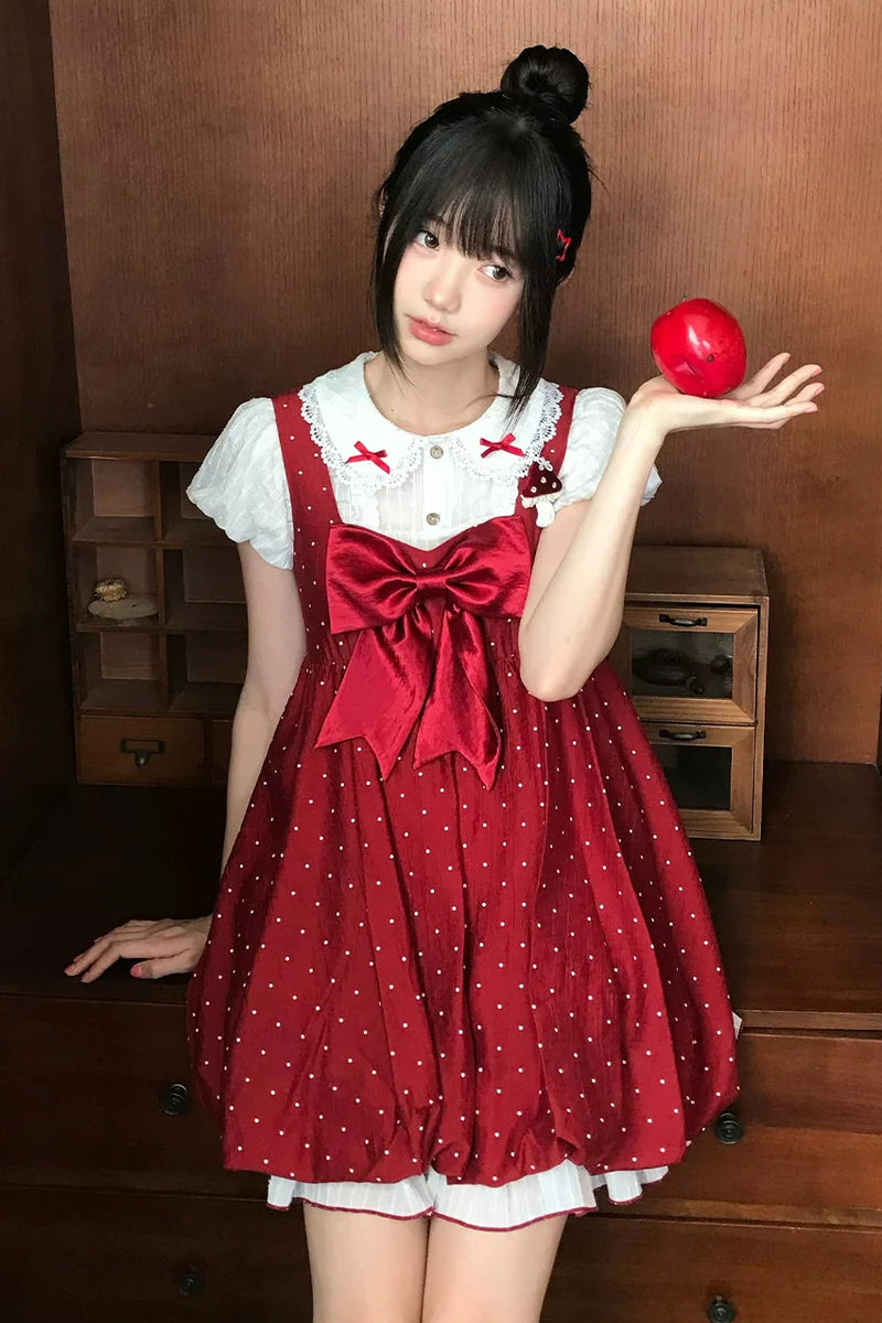 Ribbon Collar Top + Polka Dot Suspender Skirt