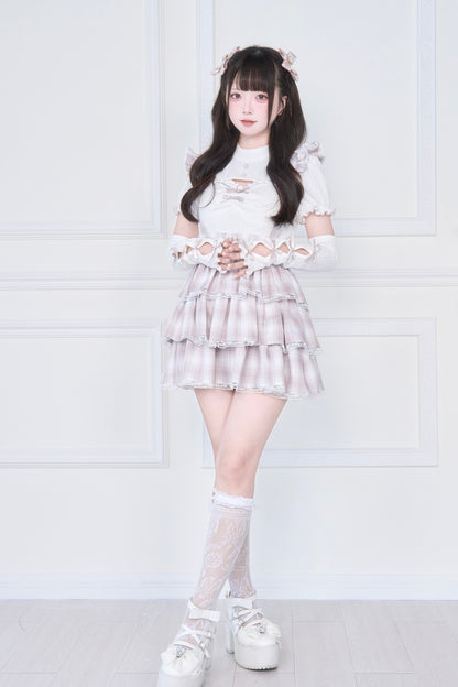 [pre-order] Knit Top With Ribbon Sleeves + Gothic Cross Lace Up Skirt