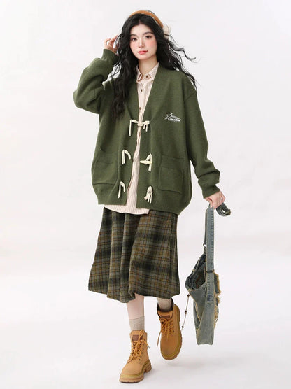 Retro Green Horn Button Cardigan Knit Jacket + Striped Shirt + Check Skirt