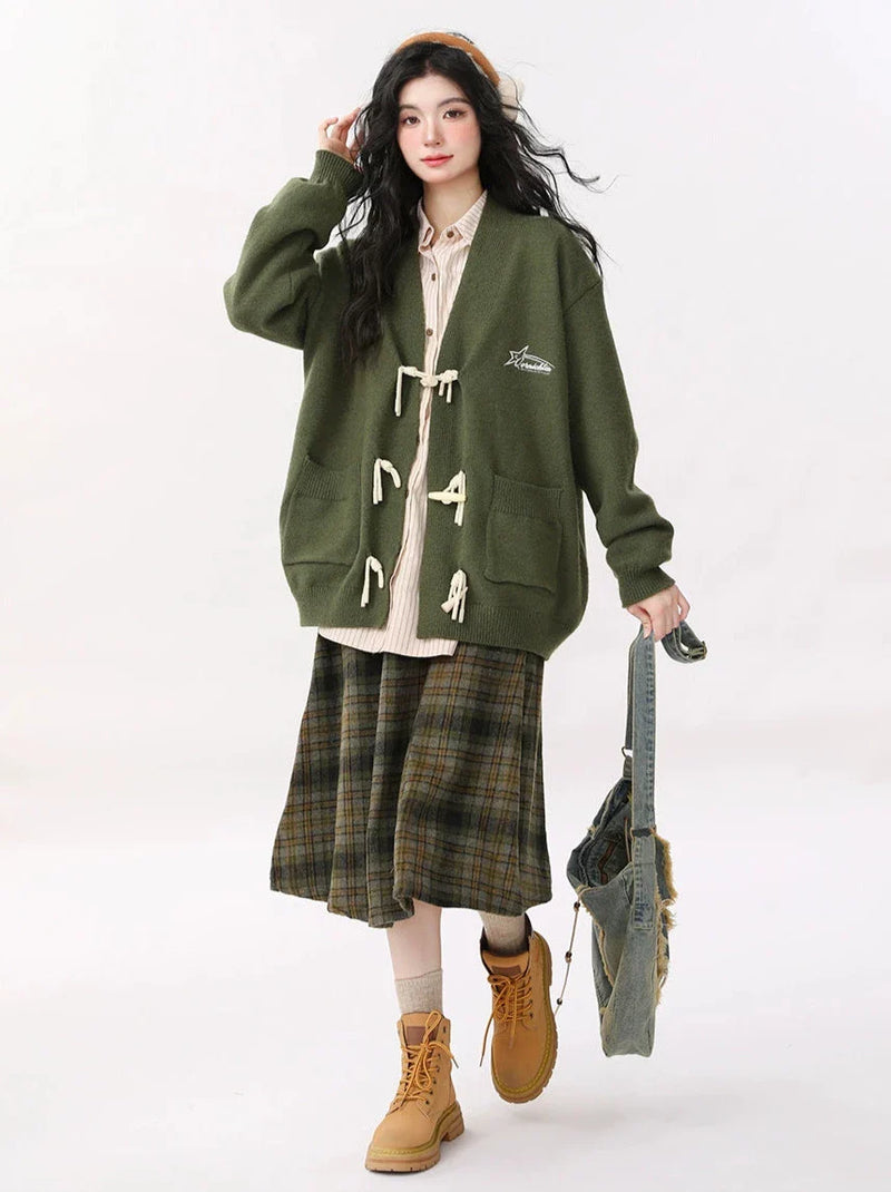 Retro Green Horn Button Cardigan Knit Jacket + Striped Shirt + Check Skirt