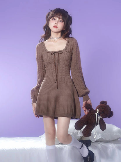 Balloon Sleeve Brown Knit Dress