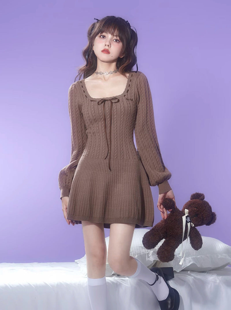 Balloon Sleeve Brown Knit Dress