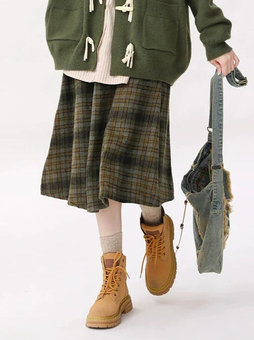 Retro Green Horn Button Cardigan Knit Jacket + Striped Shirt + Check Skirt