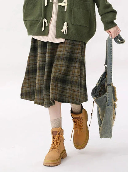 Retro Green Horn Button Cardigan Knit Jacket + Striped Shirt + Check Skirt