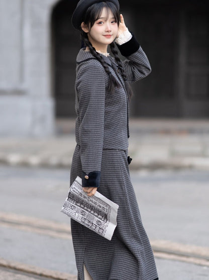 Dark Retro Plaid Top + Double Ribbon Flared Skirt