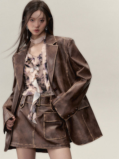 Washed Leather Over Jacket + Short Skirt