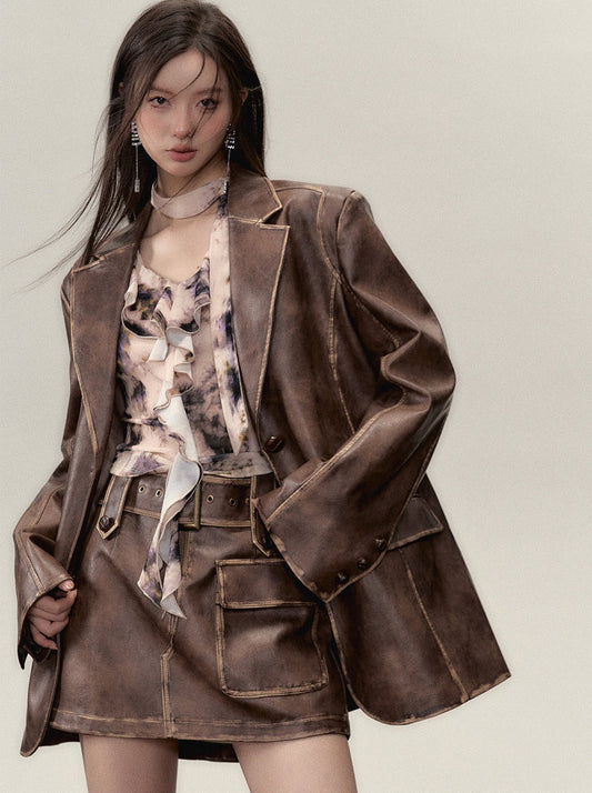 Washed Leather Over Jacket + Short Skirt