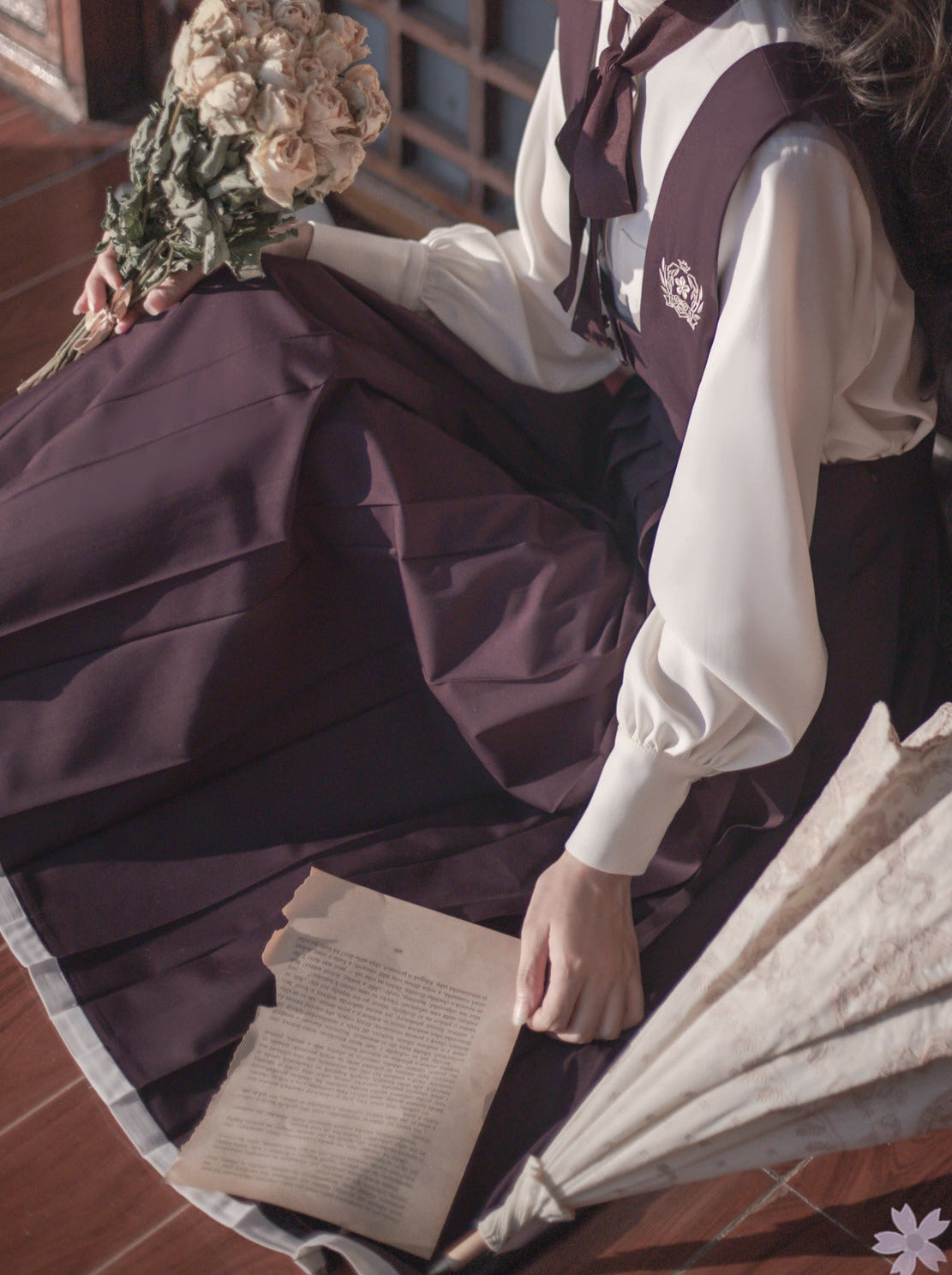 Retro Japanese-style Sleeve Knit Cardigan + Ruffle Stand Collar Shirt + Vest Dress + Ribbon + Corsage