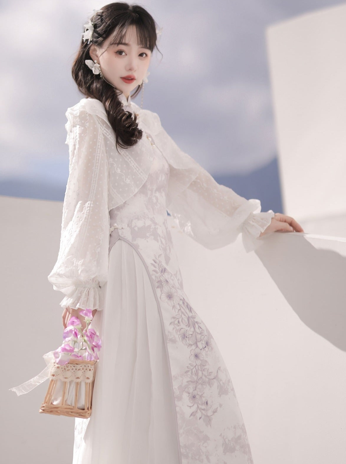 Sheer Cardigan + Flower Cheongsam Dress + Pleated Skirt