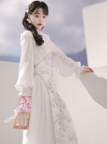 Sheer Cardigan + Flower Cheongsam Dress + Pleated Skirt