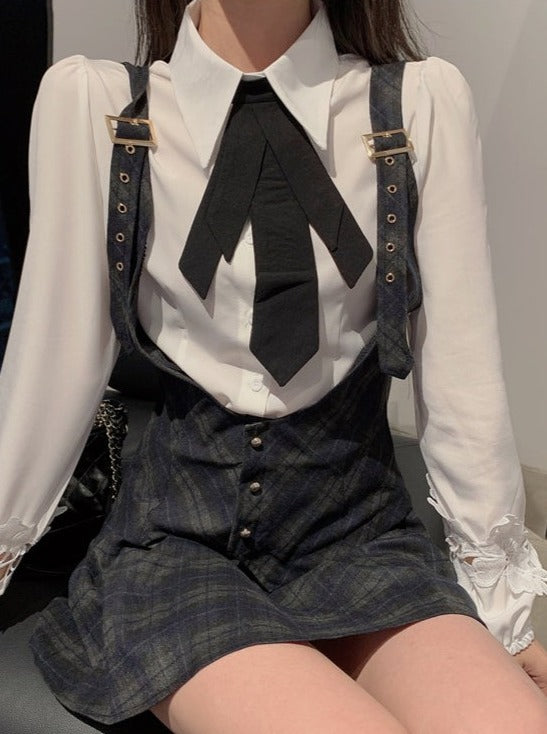 Bow Tie Shirt + Strap Plaid Jumper Skirt