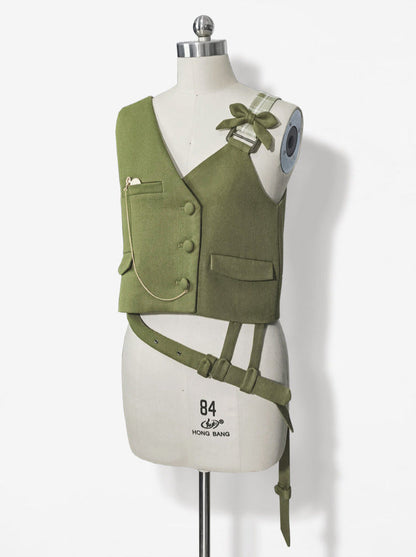Secret Morning Post Green Tea Color Retro Sweet Cool Vest Shirt Cropped Pants