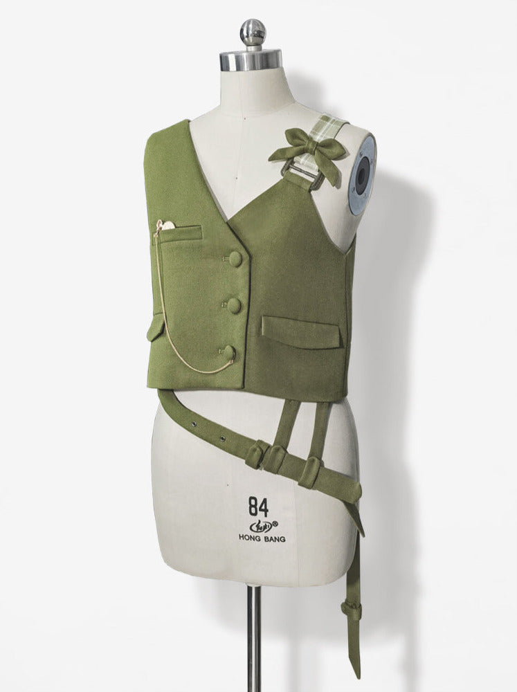 Secret Morning Post Green Tea Color Retro Sweet Cool Vest Shirt Cropped Pants