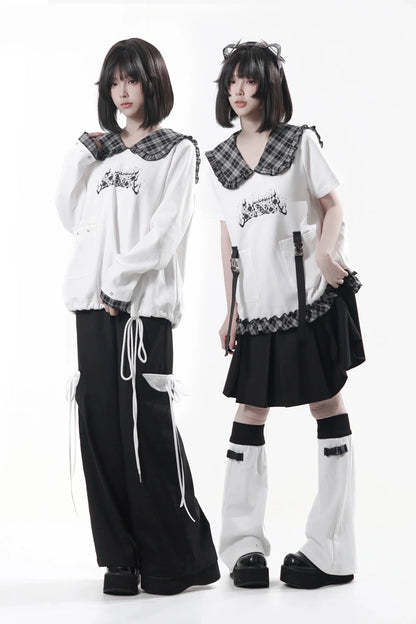 Lapel Checkered Collar Top + Skirt + Pants + Leg Warmers
