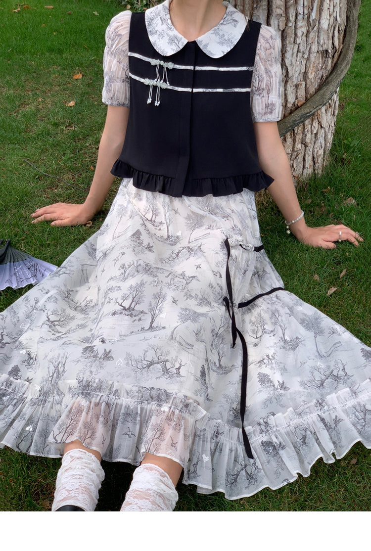 Doll Collar Sheer Puff Sleeve Print Chinese-style Top & Asymmetric Skirt Set