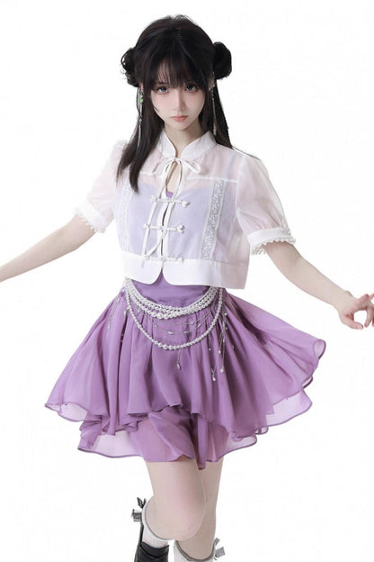 Light Smock Suspender Dress + Short Dress + China Design Sleeveless Top + Short Shirt + Pearl Accessories