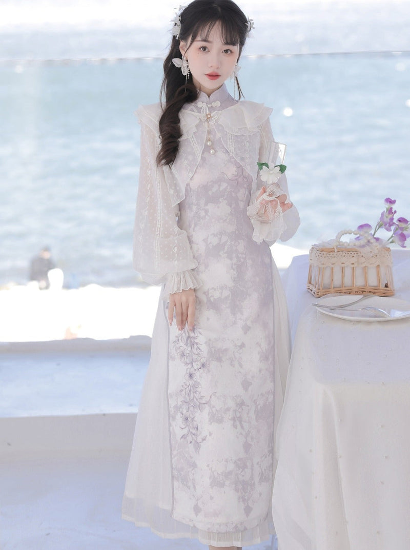 Sheer Cardigan + Flower Cheongsam Dress + Pleated Skirt