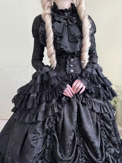 [pre-order Deadline: March 31] Cross Nocturne Gothic Dark Stripe Layered Top + Cross Rose Stripe Pull Up Skirt
