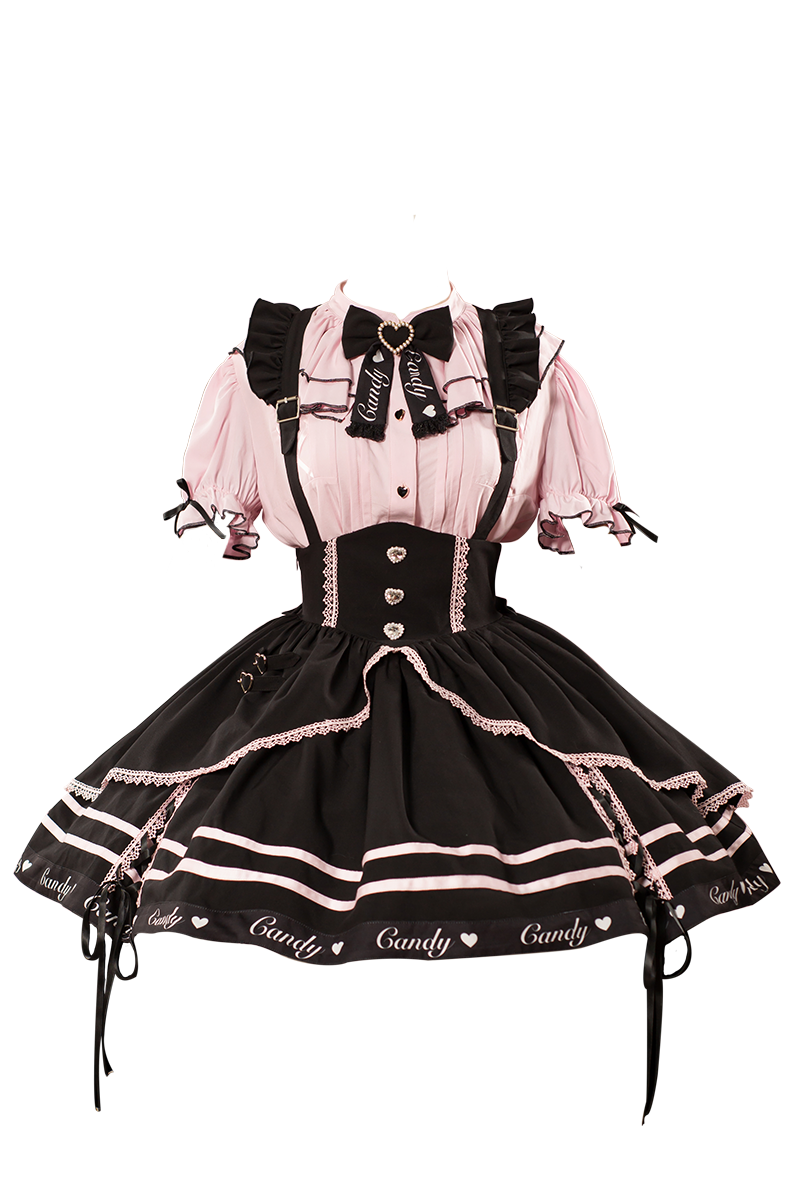 Berry Fleur Sweet Girl Blouse Black Pink Suspender Dress Set