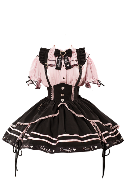 Berry Fleur Sweet Girl Blouse Black Pink Suspender Dress Set