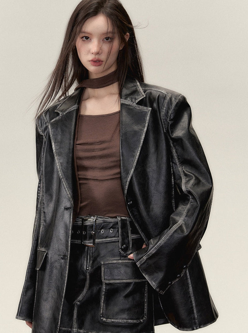 Washed Leather Over Jacket + Short Skirt