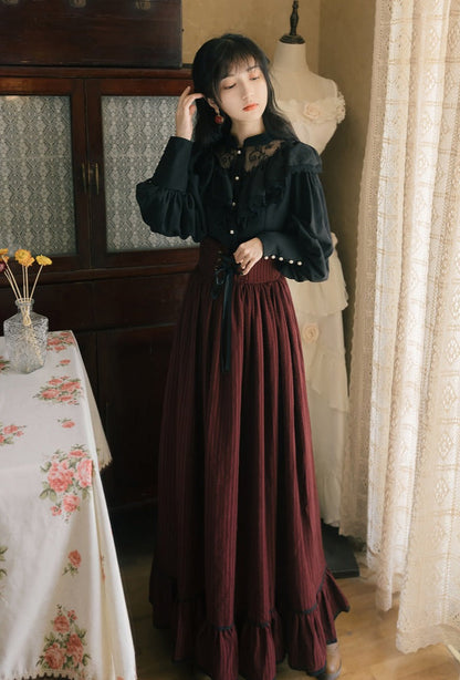 Ruffle Lace Blouse + Striped Corset Skirt