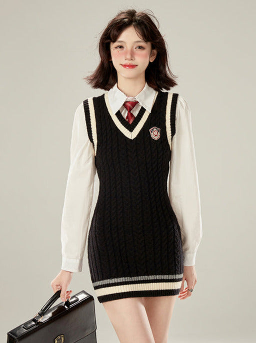 College Style Necktie White Shirt + V-neck Knit Vest Dress
