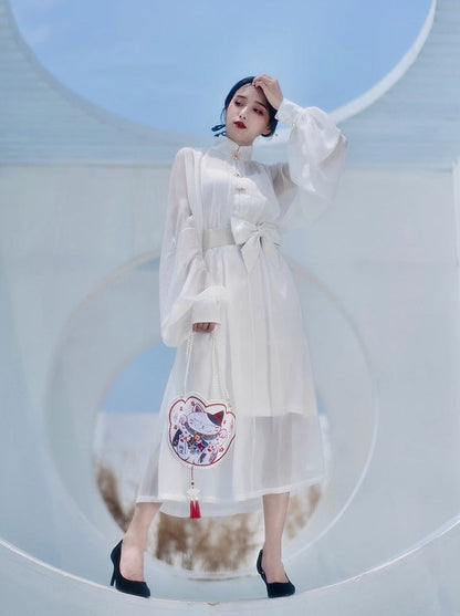 Waist Belt Sheer Stand Collar Puff Sleeve Dress