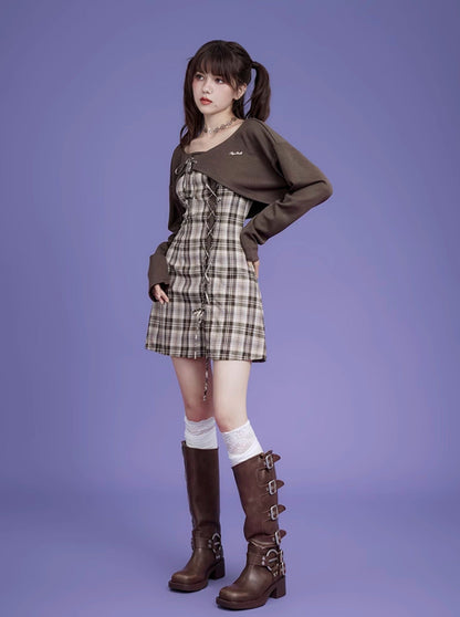 Logo Sweat Top + Plaid Lace Up Camisole Dress