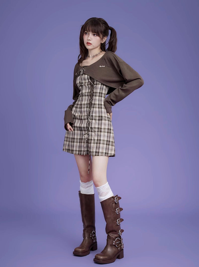 Logo Sweat Top + Plaid Lace Up Camisole Dress