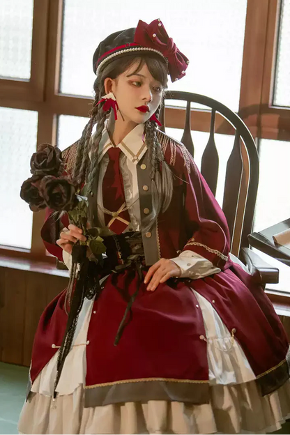 Military Style Cape Jacket + Ruffled Blouse With Tie + Waist Marked Split Layered Skirt