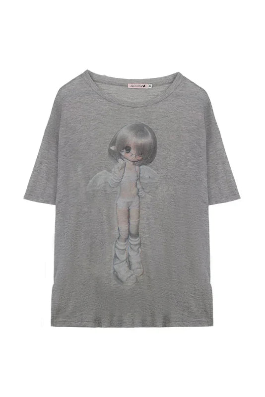 Angel Girl Print Sheer Loose Top