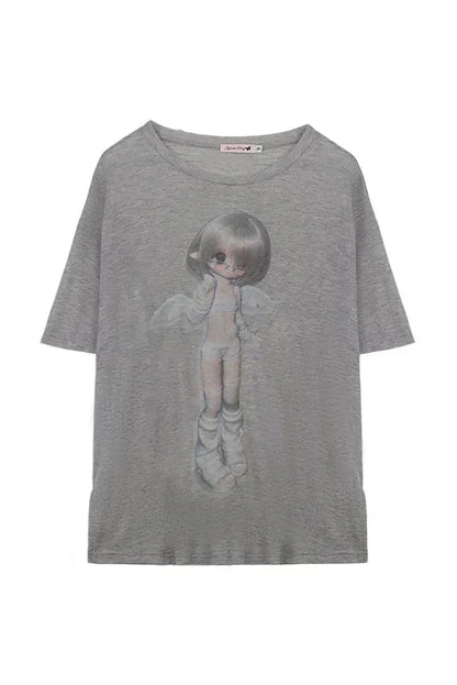Angel Girl Print Sheer Loose Top