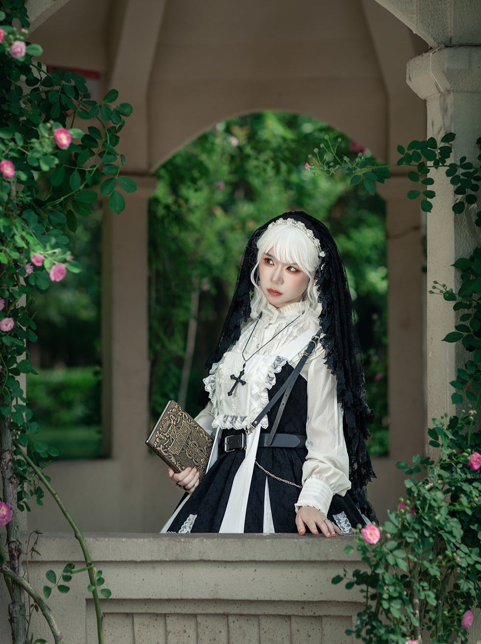 Cross Lolita Dress + Short Jacket + Headband + Veil + Collar
